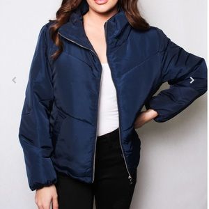 NEW! Navy Shine Cropped Puffer with Cinched Waist